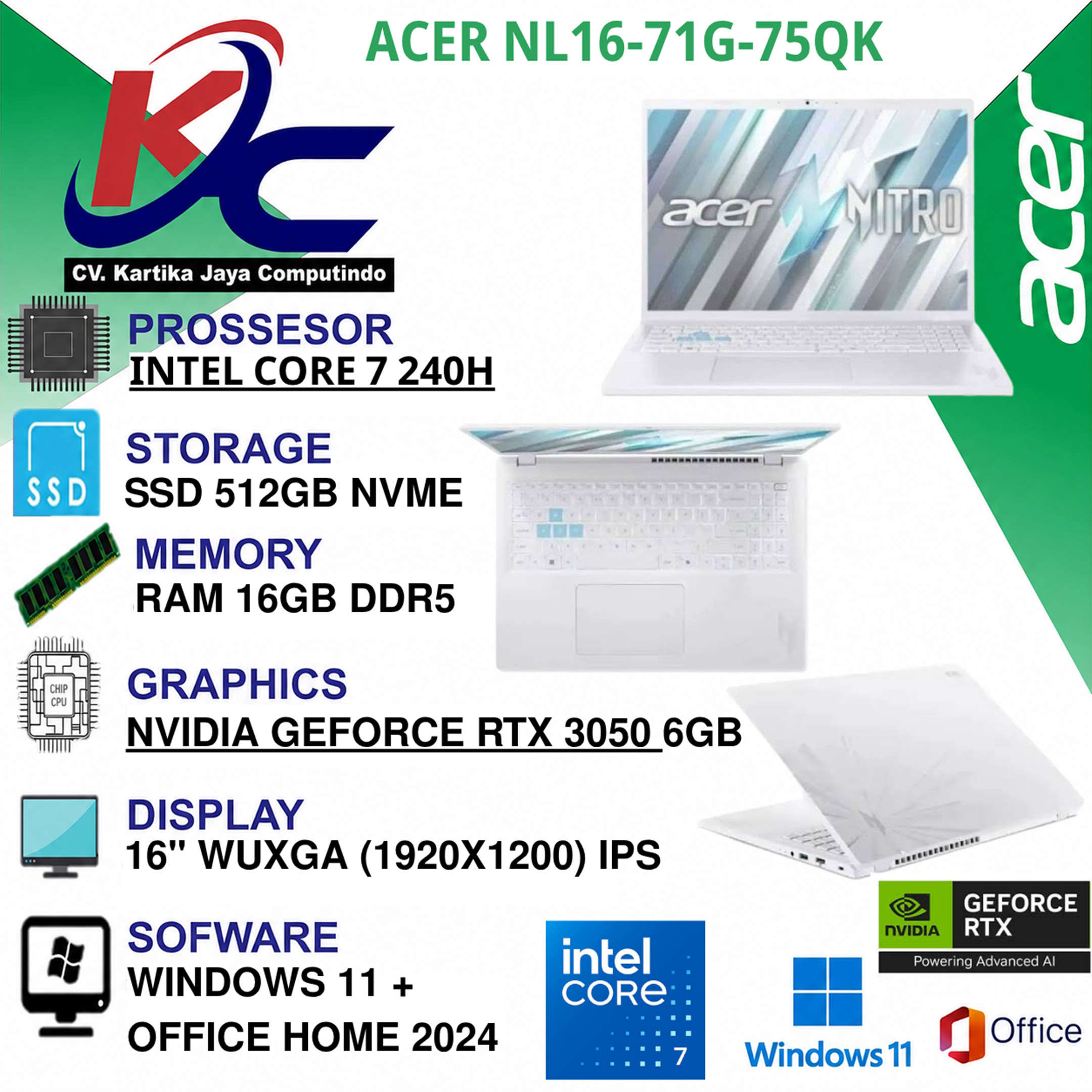 ACER NL16-71G-75QK  CORE 7-240H/ 16GB/ SSD152/ RTX3050/ W11 OHS PEARL WHITE